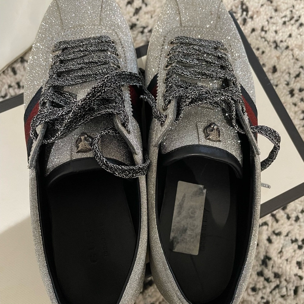 100% AUTH  GUCCI  BAMBI GLITTER STUD SILVER SNEAKERS 7 G/8 US